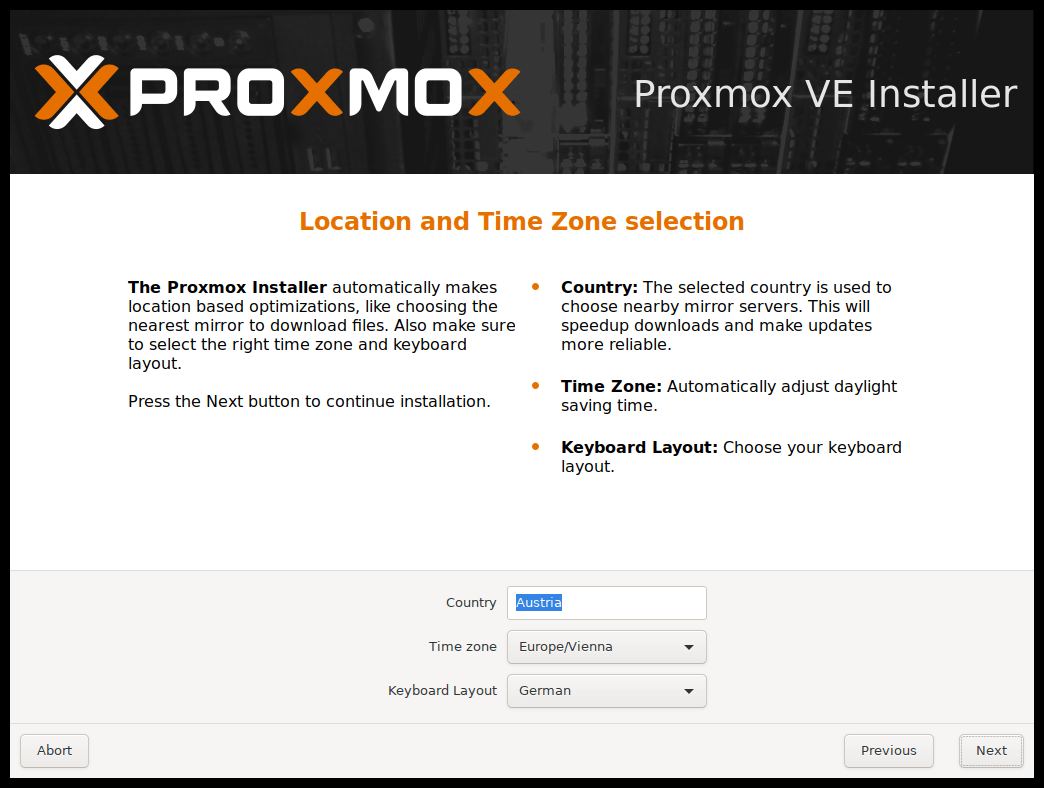 Proxmox Setup Location and Time Zone